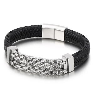 Men's punk braided black leather bracelet with silver chain and magnetic clasp closure