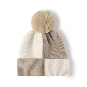 Chic women's checkered knit beanie with faux fur pom pom in cream and light coffee colors