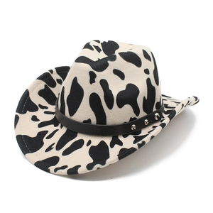 Western Cowboy Hat Wool Felt Animal Cow Print Wide Brim Fedora With Rivet Leather Band Vintage Jazz Cap For Men Women