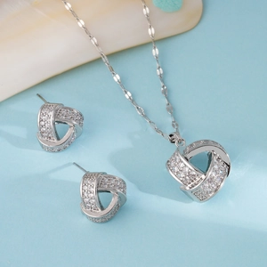 S925 sterling silver geometric twist necklace and stud earring set with cubic zirconia