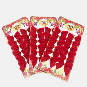 Red flocked Christmas bows set for tree decoration with gold ties, 3-pack of 12 pieces each