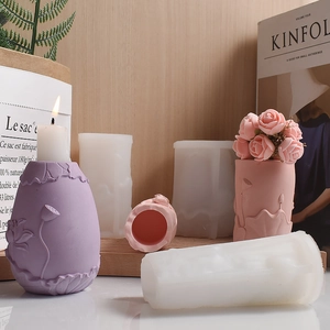 Relief lotus cylinder silicone mold for DIY aromatherapy candle holders and flower vases