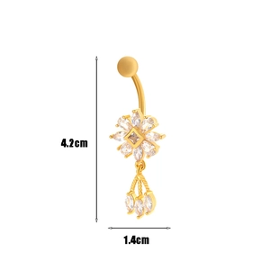 Gold flower belly ring with zircon pendant and sparkling rhinestones for navel piercing
