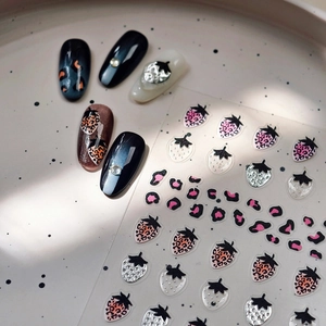 Wild strawberry leopard print nail art stickers with glitter finish for DIY manicure