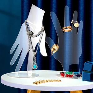 Transparent acrylic hand jewelry display stand for rings, bracelets and necklaces