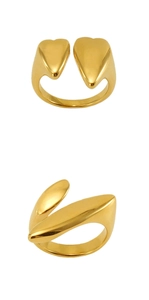 Macro detail of 18k gold heart-shaped open ring showing dual perspective and polished finish