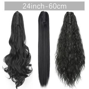 Three styles of 24-inch long black ponytail hair extensions in wavy and straight textures