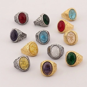 Men Vintage Viking Rune Ring Stainless Steel Large Oval Gemstone Gothic Punk Palace Style Jewelry Finger Band