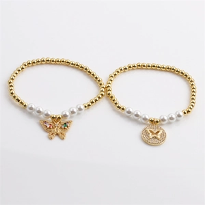 Butterfly Pendant Beaded Bracelet Copper Gold Beads Faux Artificial Pearl Zircon Inlay Elastic Fashion Jewelry For Women