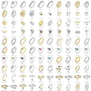 Collage of sparkling adjustable rings featuring diamond accents and varied crystal designs