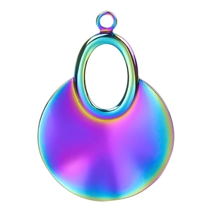 Macro shot of circular rainbow stainless steel pendant with high-polish metallic finish