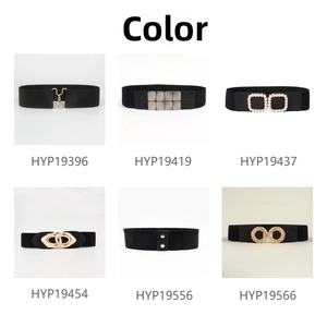 Six assorted black elastic waist belts with gold, silver, and pearl decorative buckles