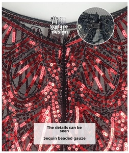 Detail of red sequins and beads on black mesh fabric with back metal hook closure