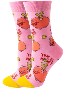Detail of pink and yellow knitted socks with pig piggy bank and Time Is Money text