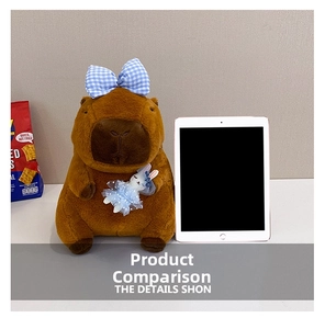 Detail view of the brown Capybara plush backpack size compared to a 10-inch tablet