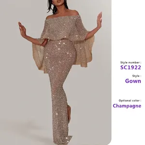 Pailletten Avondjurk Off Shoulder Ruches Cape Bodycon Split Lange Jurk Elegant Feest Formele Nacht Voor Vrouwen