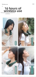 Detail showing portable neck fan with 16h battery life in four outdoor and indoor scenes