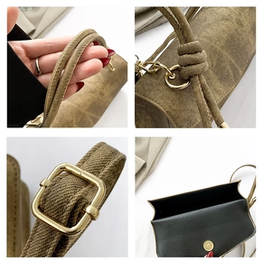 Vues détaillées du sac en toile vintage vert olive montrant les boucles et le fermoir aimanté