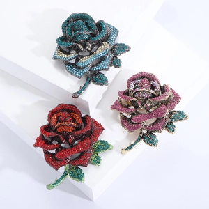 Elegant Rose Flower Brooch Pin Alloy Full Rhinestone Luxury Vintage Suit Dress Accessory For Women