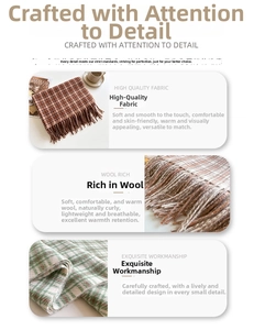 Close-up of fringe edges and soft plaid cashmere texture on warm autumn winter scarves