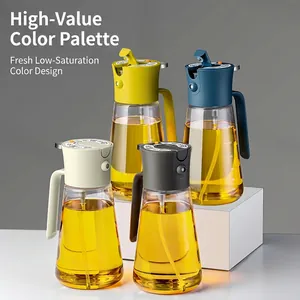 Set of 4 glass oil spray bottles for kitchen with measurement scale and colored lids
