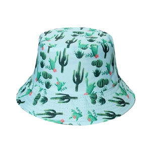 Reversible light blue cotton bucket hat featuring cactus prints and reinforced brim