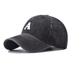 Berretto da baseball vintage in denim grigio scuro lavato con lettera A ricamata