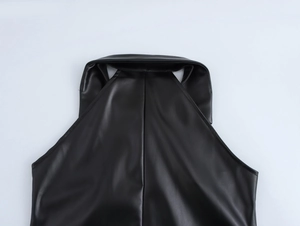 Detail of lapel halter neck and shoulder design on black faux leather biker dress