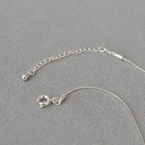 Macro shot of silver spring clasp and adjustable extender chain with drop pendant