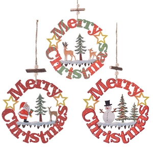 Three-piece set of wooden Christmas hanging ornaments with reindeer, snowman, and Santa