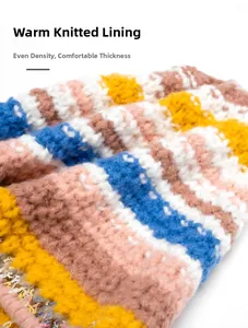 Macro view of thick colorful knit lining with warm, soft rainbow yarn texture
