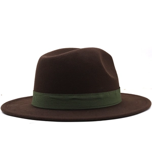Classic dark brown wool fedora hat with green ribbon band for men and women