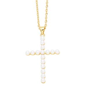 Elegant gold chain necklace featuring a cross pendant crafted with white round pearls