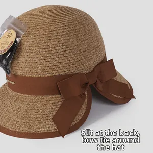 Detail of split back design and bowknot ribbon on UPF 50+ brown straw sun hat