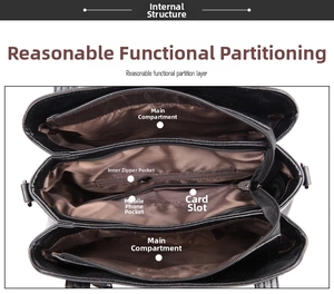Interior structure of black leather tote with multiple pockets and brown lining