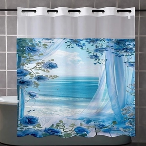 Detail of waterproof bathroom curtain with 3D blue rose print and metal grommets