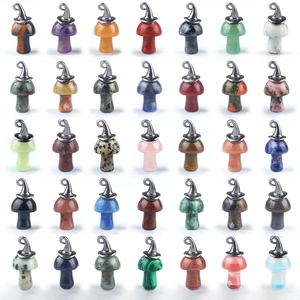 Variety of 35 natural stone mushroom pendants with metal clasps on white background
