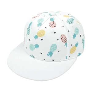 Detailed side view of white kids flat brim baseball cap with colorful pineapple prints