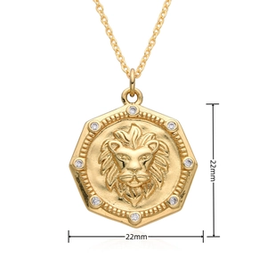 Detail showing gold lion head relief pendant dimensions measuring 22mm by 22mm