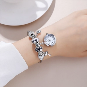 Fashionable silver beaded bracelet watch with heart and key charms and rhinestones