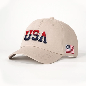 Beige cotton baseball cap with USA 3D embroidery and flag patch on the side
