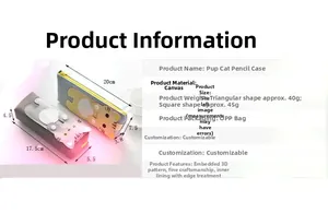 Detailed dimensions of cat canvas pencil cases in gray, pink, yellow and blue colors