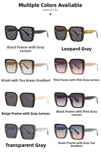 Detailed grid showing 8 color options of oversized square sunglasses with gold m-logo