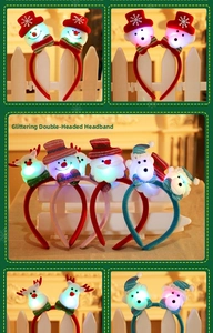 Close-up of sequined LED Christmas headbands featuring snowman and reindeer designs