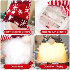 Lighted Christmas gnome with snowflake knit hat, glowing LED long beard plush doll