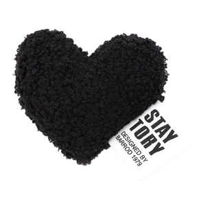 Plush heart accessory in black fabric with Stay Tory textile label for apparel and crafts
