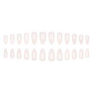 Glossy pale pink almond-shaped press-on nails set with 24 pieces on white background