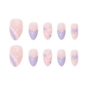 Short almond press-on nails set with cute lavender hearts and chic line art designs
