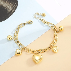 Double-layer 18K gold plated heart pendant bracelet with round beads for women