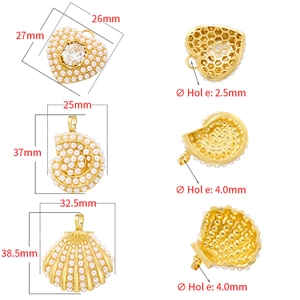 Elegant gold pearl heart and seashell pendants with dimensions and hole size details